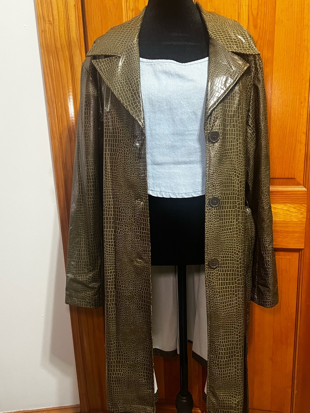 Vintage Olive Croc-Embossed Faux Leather Trench Coat